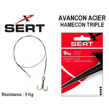 Avançon Acier à 2 boucles + Hameçon Triple - 60cm - 9kg -  Sert