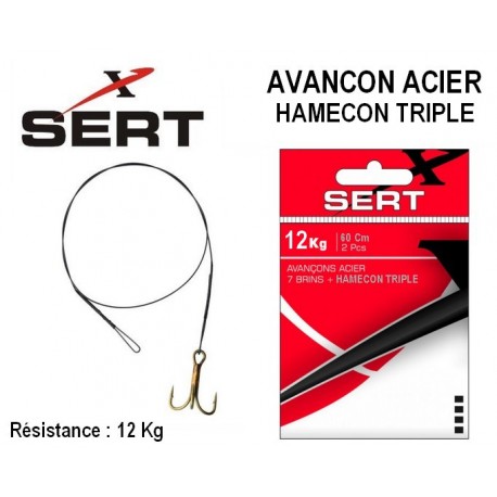 Avançon Acier à 2 boucles + Hameçon Triple - 60cm - 12kg -  Sert